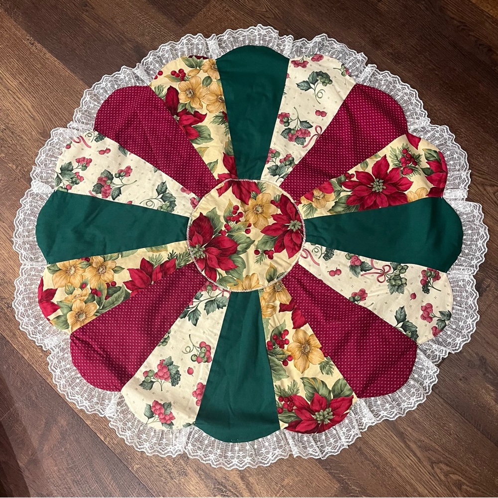 Handmade Round Quilted Table Topper Holiday Table Covering Poinsettia & Berries